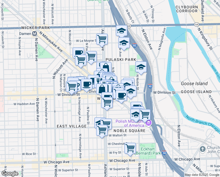 map of restaurants, bars, coffee shops, grocery stores, and more near 1219 North Bosworth Avenue in Chicago