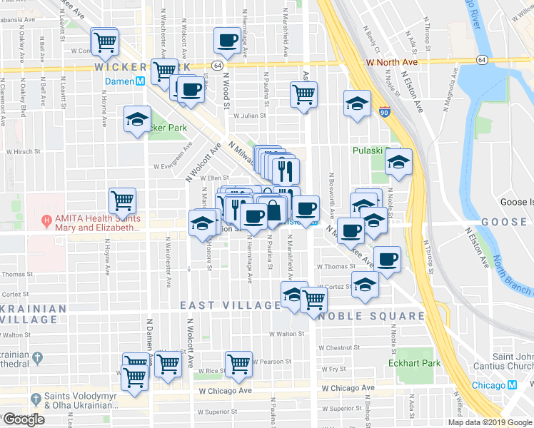 map of restaurants, bars, coffee shops, grocery stores, and more near in Chicago