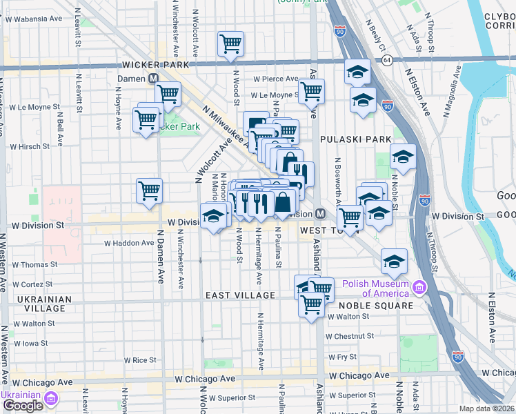 map of restaurants, bars, coffee shops, grocery stores, and more near in Chicago