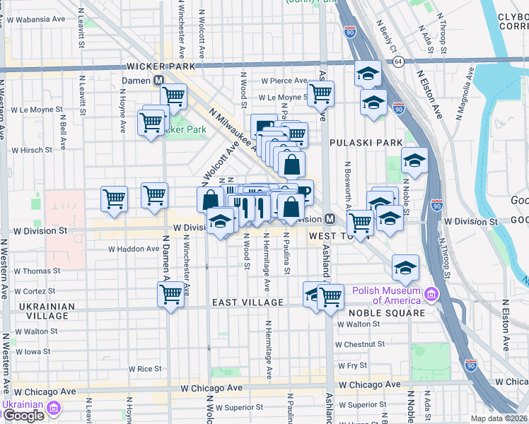 map of restaurants, bars, coffee shops, grocery stores, and more near 1753 West Crystal Street in Chicago