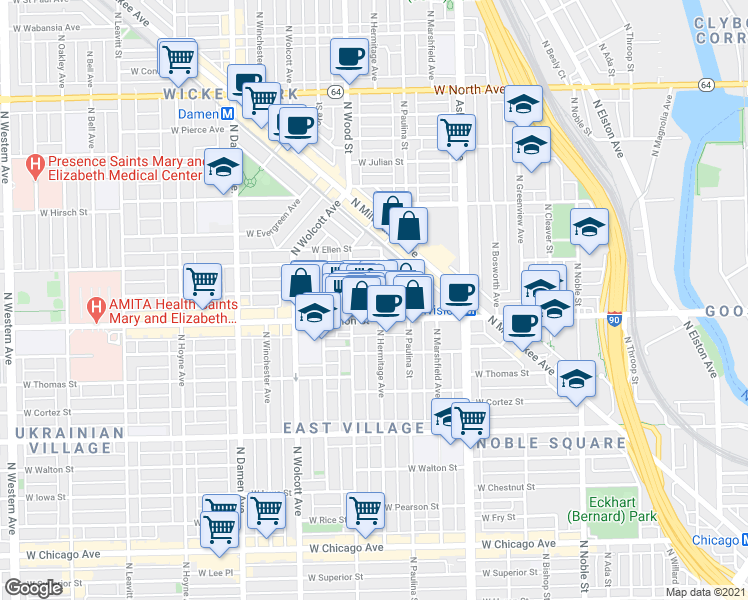 map of restaurants, bars, coffee shops, grocery stores, and more near 1753 West Crystal Street in Chicago