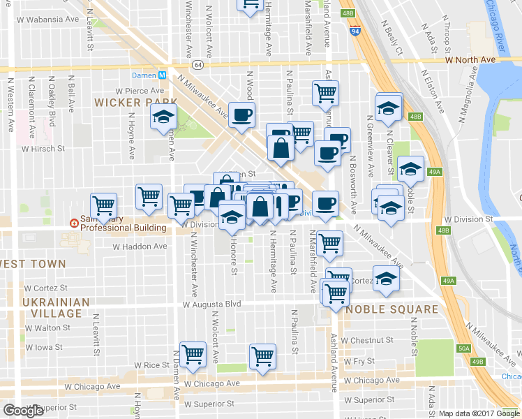 map of restaurants, bars, coffee shops, grocery stores, and more near in Chicago