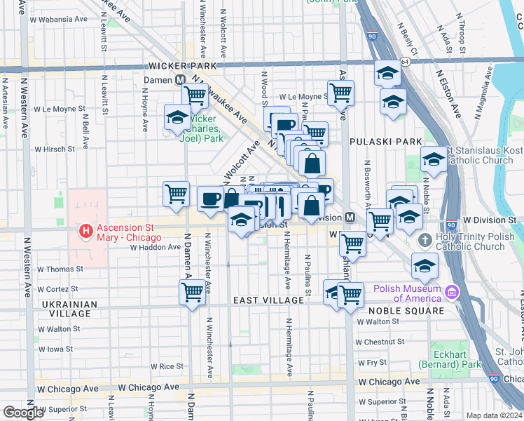map of restaurants, bars, coffee shops, grocery stores, and more near in Chicago