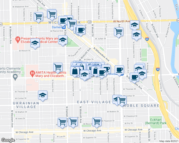 map of restaurants, bars, coffee shops, grocery stores, and more near 1806 West Division Street in Chicago