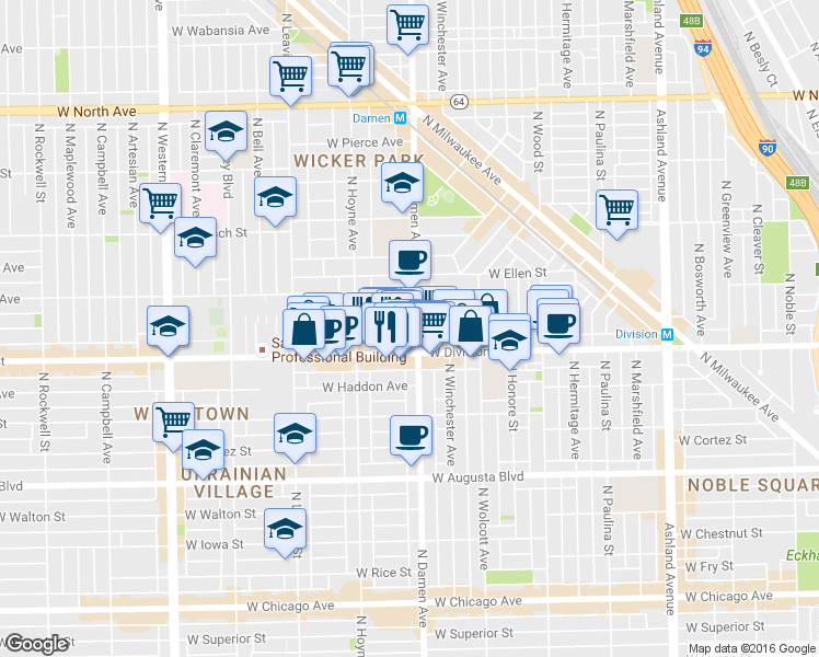 map of restaurants, bars, coffee shops, grocery stores, and more near 2015 West Crystal Street in Chicago