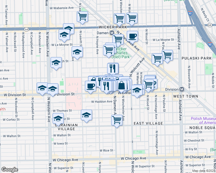 map of restaurants, bars, coffee shops, grocery stores, and more near 2015 West Crystal Street in Chicago