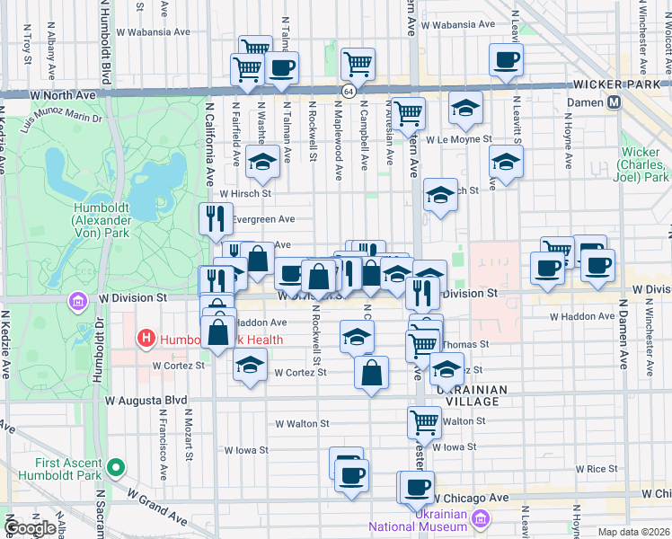 map of restaurants, bars, coffee shops, grocery stores, and more near 1231 North Rockwell Street in Chicago