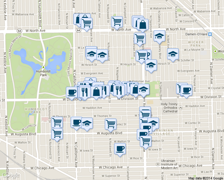 map of restaurants, bars, coffee shops, grocery stores, and more near 1231 North Rockwell Street in Chicago