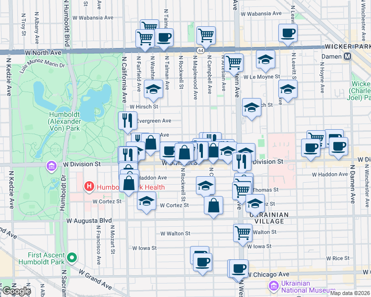 map of restaurants, bars, coffee shops, grocery stores, and more near 1231 North Rockwell Street in Chicago