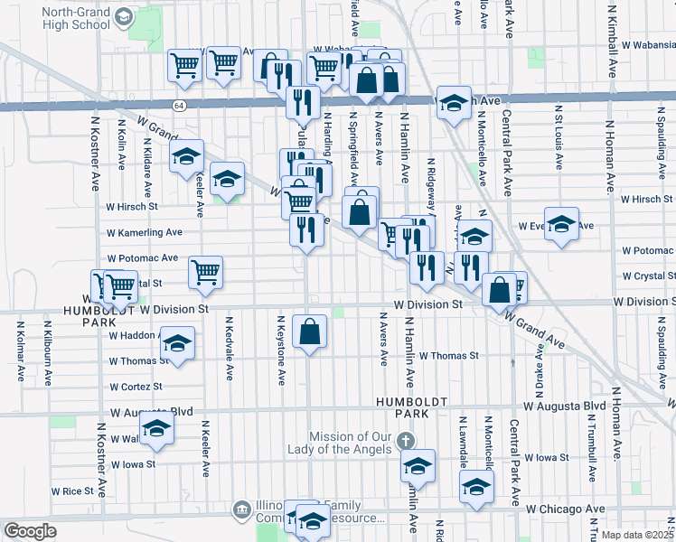 map of restaurants, bars, coffee shops, grocery stores, and more near 1243 North Harding Avenue in Chicago