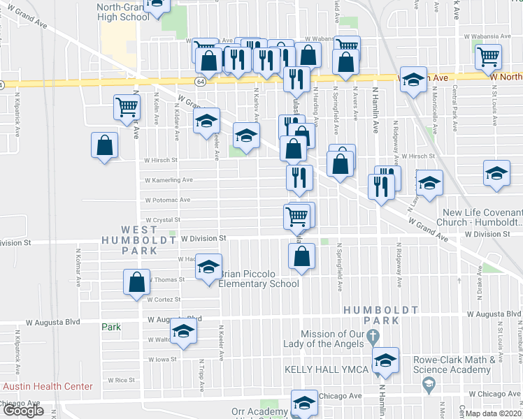 map of restaurants, bars, coffee shops, grocery stores, and more near 1248 North Karlov Avenue in Chicago