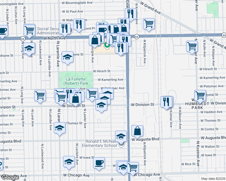 map of restaurants, bars, coffee shops, grocery stores, and more near 4901 West Potomac Avenue in Chicago