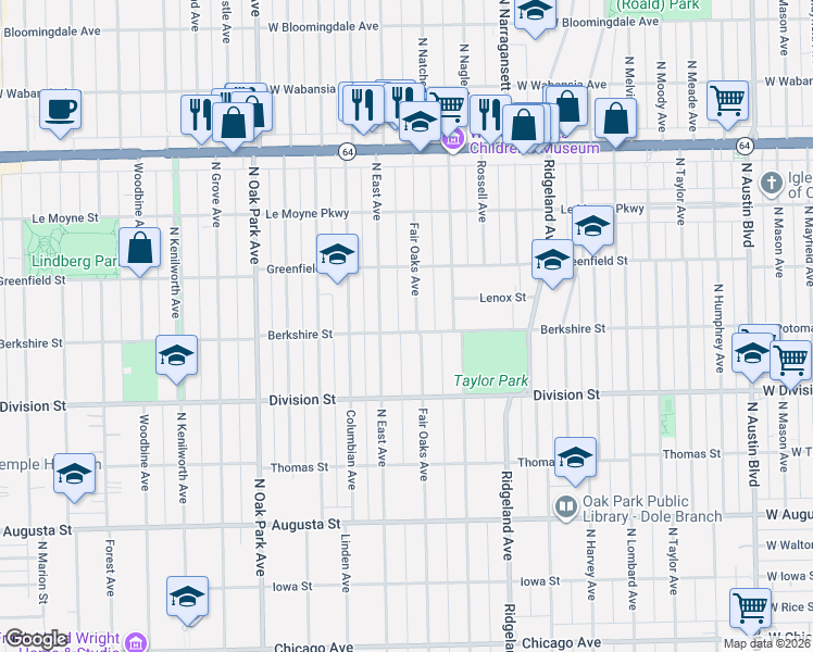 map of restaurants, bars, coffee shops, grocery stores, and more near 1005 Fair Oaks Avenue in Oak Park
