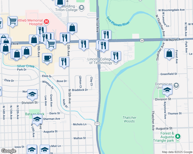 map of restaurants, bars, coffee shops, grocery stores, and more near 1690 North 1st Avenue in Melrose Park