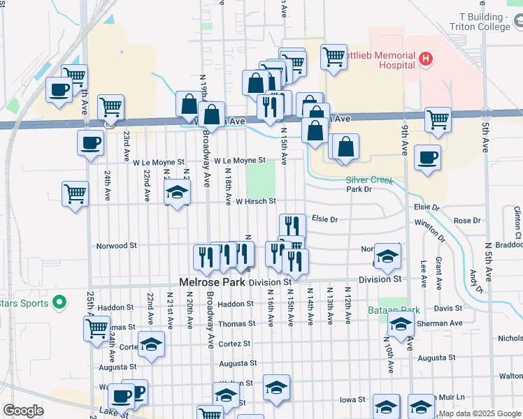 map of restaurants, bars, coffee shops, grocery stores, and more near 1642 North 16th Avenue in Melrose Park