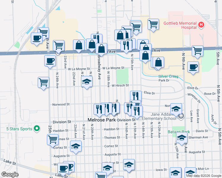 map of restaurants, bars, coffee shops, grocery stores, and more near 1644 North 17th Avenue in Melrose Park