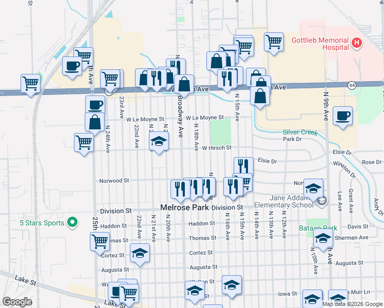 map of restaurants, bars, coffee shops, grocery stores, and more near 1645 North 19th Avenue in Melrose Park
