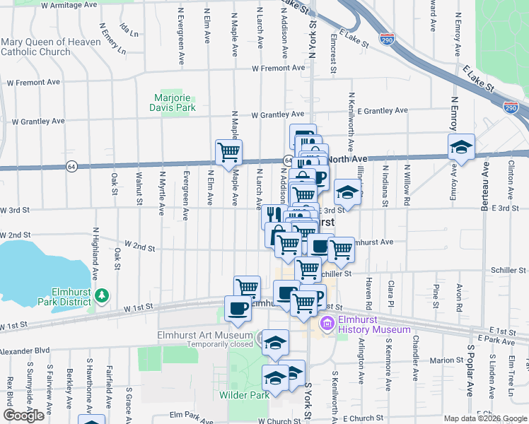 map of restaurants, bars, coffee shops, grocery stores, and more near 142 West 3rd Street in Elmhurst