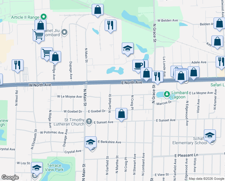 map of restaurants, bars, coffee shops, grocery stores, and more near 719 North Garfield Street in Lombard