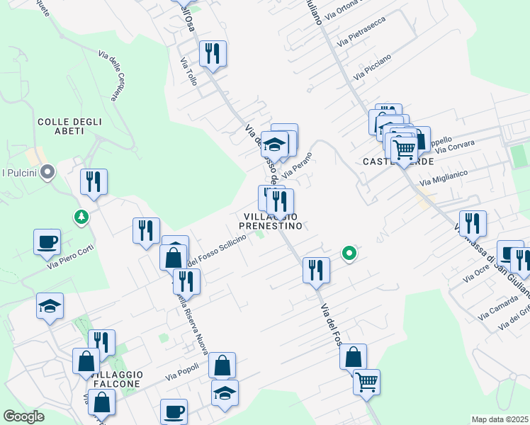 map of restaurants, bars, coffee shops, grocery stores, and more near 401 Via del Fosso dell'Osa in Roma