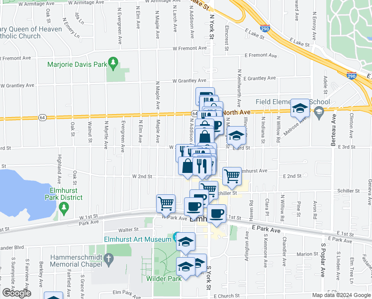 map of restaurants, bars, coffee shops, grocery stores, and more near 142 West 3rd Street in Elmhurst