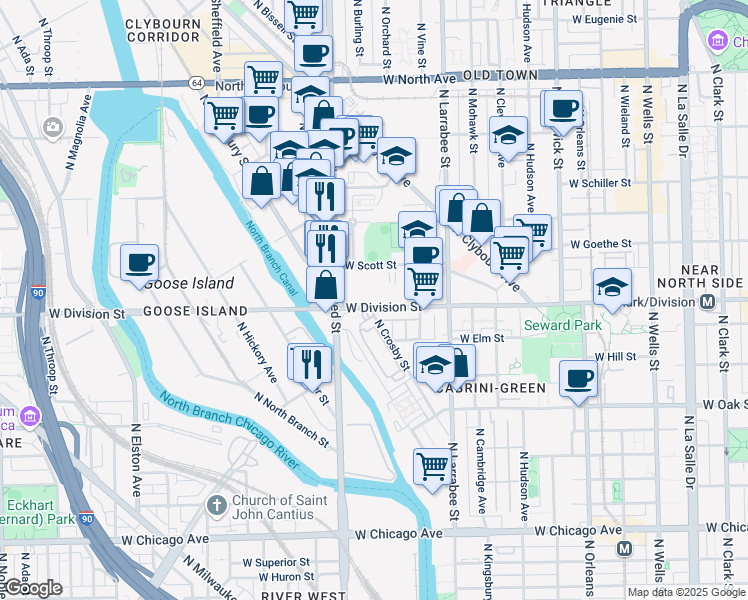 map of restaurants, bars, coffee shops, grocery stores, and more near 708 West Division Street in Chicago