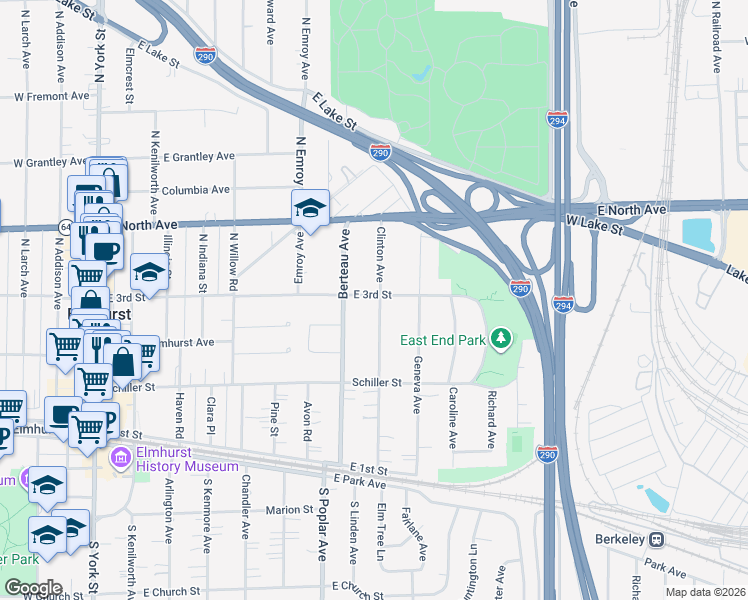 map of restaurants, bars, coffee shops, grocery stores, and more near 252 Clinton Avenue in Elmhurst