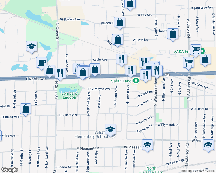 map of restaurants, bars, coffee shops, grocery stores, and more near 708 East Le Moyne Avenue in Lombard