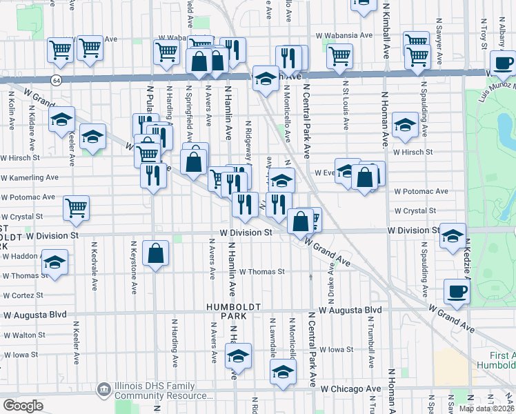 map of restaurants, bars, coffee shops, grocery stores, and more near 1234 North Lawndale Avenue in Chicago