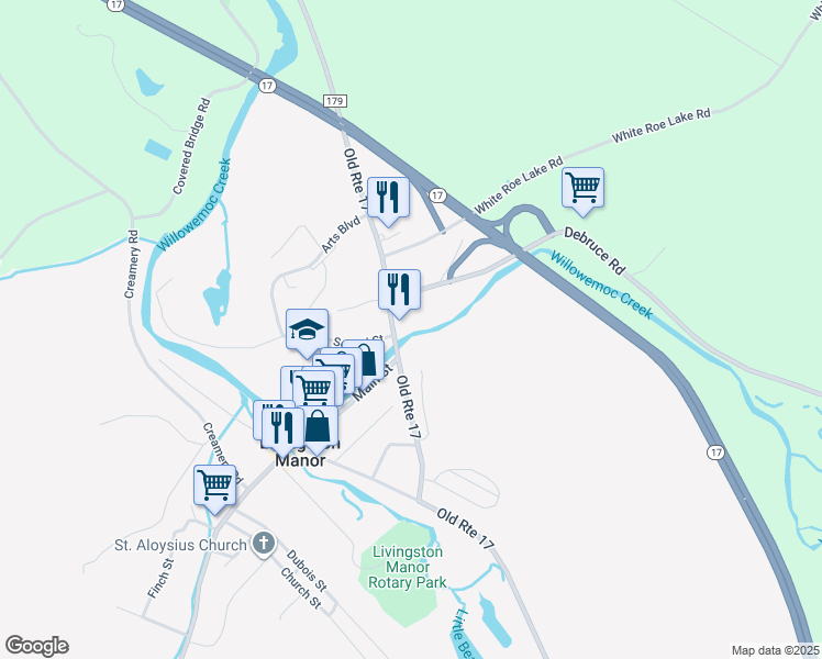 map of restaurants, bars, coffee shops, grocery stores, and more near 630 Old Route 17 in Livingston Manor