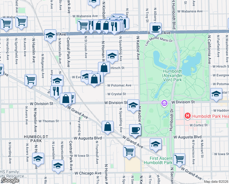 map of restaurants, bars, coffee shops, grocery stores, and more near 3324 West Crystal Street in Chicago