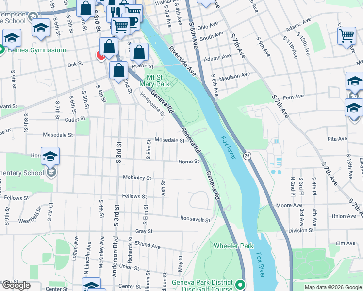 map of restaurants, bars, coffee shops, grocery stores, and more near 1011 Pine Street in St. Charles