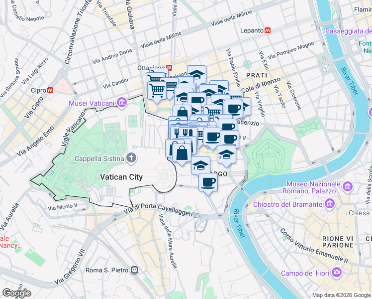 map of restaurants, bars, coffee shops, grocery stores, and more near 130 Borgo Pio in Roma