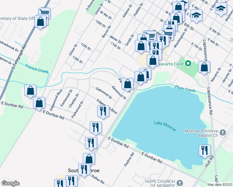 map of restaurants, bars, coffee shops, grocery stores, and more near 5941 Elmwood Street in Monroe