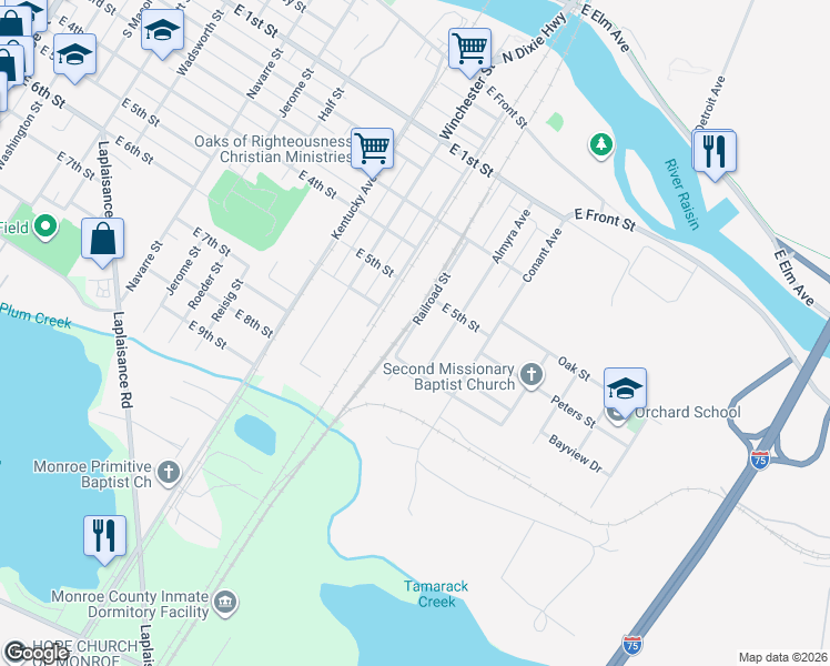map of restaurants, bars, coffee shops, grocery stores, and more near 605 Railroad Street in Monroe