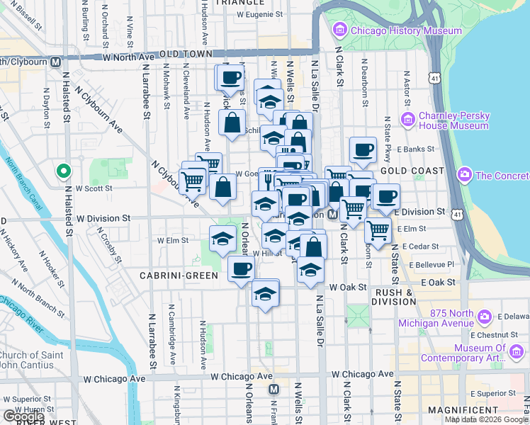 map of restaurants, bars, coffee shops, grocery stores, and more near 300 West Division Street in Chicago