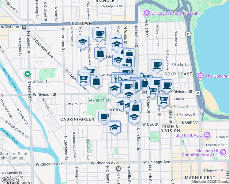 map of restaurants, bars, coffee shops, grocery stores, and more near 232 West Division Street in Chicago
