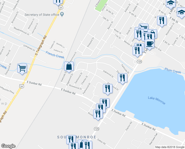 map of restaurants, bars, coffee shops, grocery stores, and more near 5829 Edgewood Drive in Monroe