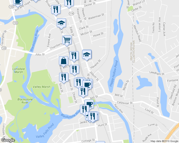 map of restaurants, bars, coffee shops, grocery stores, and more near 141 High Street in Cumberland
