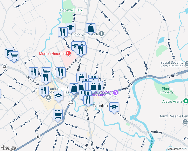 map of restaurants, bars, coffee shops, grocery stores, and more near 2 Fayette Place in Taunton