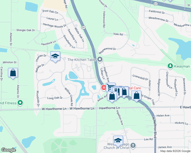 map of restaurants, bars, coffee shops, grocery stores, and more near 1205 Kings Circle in West Chicago