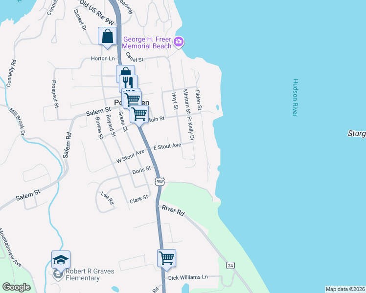 map of restaurants, bars, coffee shops, grocery stores, and more near 115 East Stout Avenue in Port Ewen