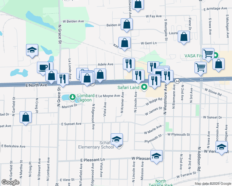 map of restaurants, bars, coffee shops, grocery stores, and more near 708 East Le Moyne Avenue in Lombard