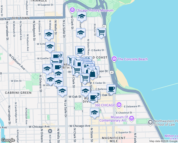 map of restaurants, bars, coffee shops, grocery stores, and more near W Division St & N State Pkwy in Chicago