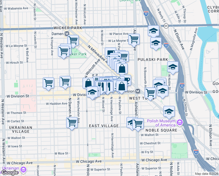 map of restaurants, bars, coffee shops, grocery stores, and more near in Chicago