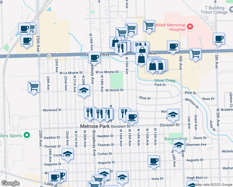 map of restaurants, bars, coffee shops, grocery stores, and more near 1642 North 16th Avenue in Melrose Park