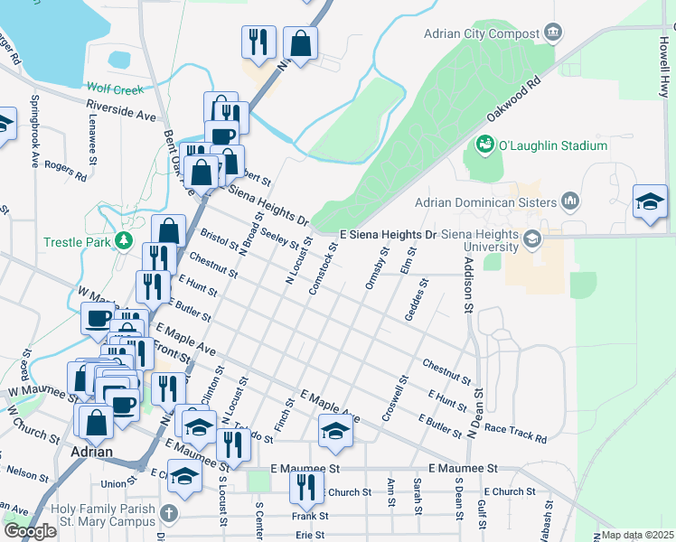 map of restaurants, bars, coffee shops, grocery stores, and more near 516 Seeley Street in Adrian