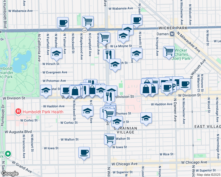 map of restaurants, bars, coffee shops, grocery stores, and more near 1243 North Western Avenue in Chicago