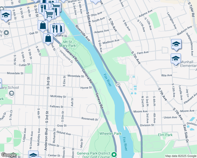 map of restaurants, bars, coffee shops, grocery stores, and more near 1100 Geneva Road in Setor Charles