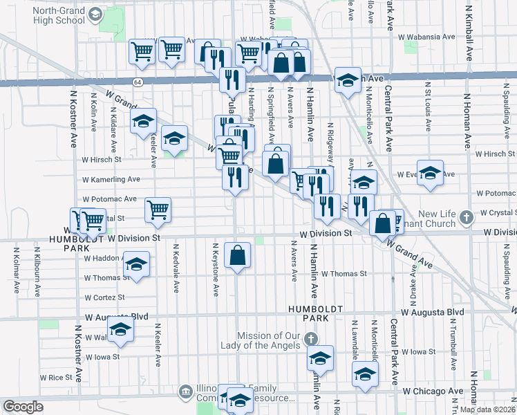 map of restaurants, bars, coffee shops, grocery stores, and more near 1243 North Harding Avenue in Chicago